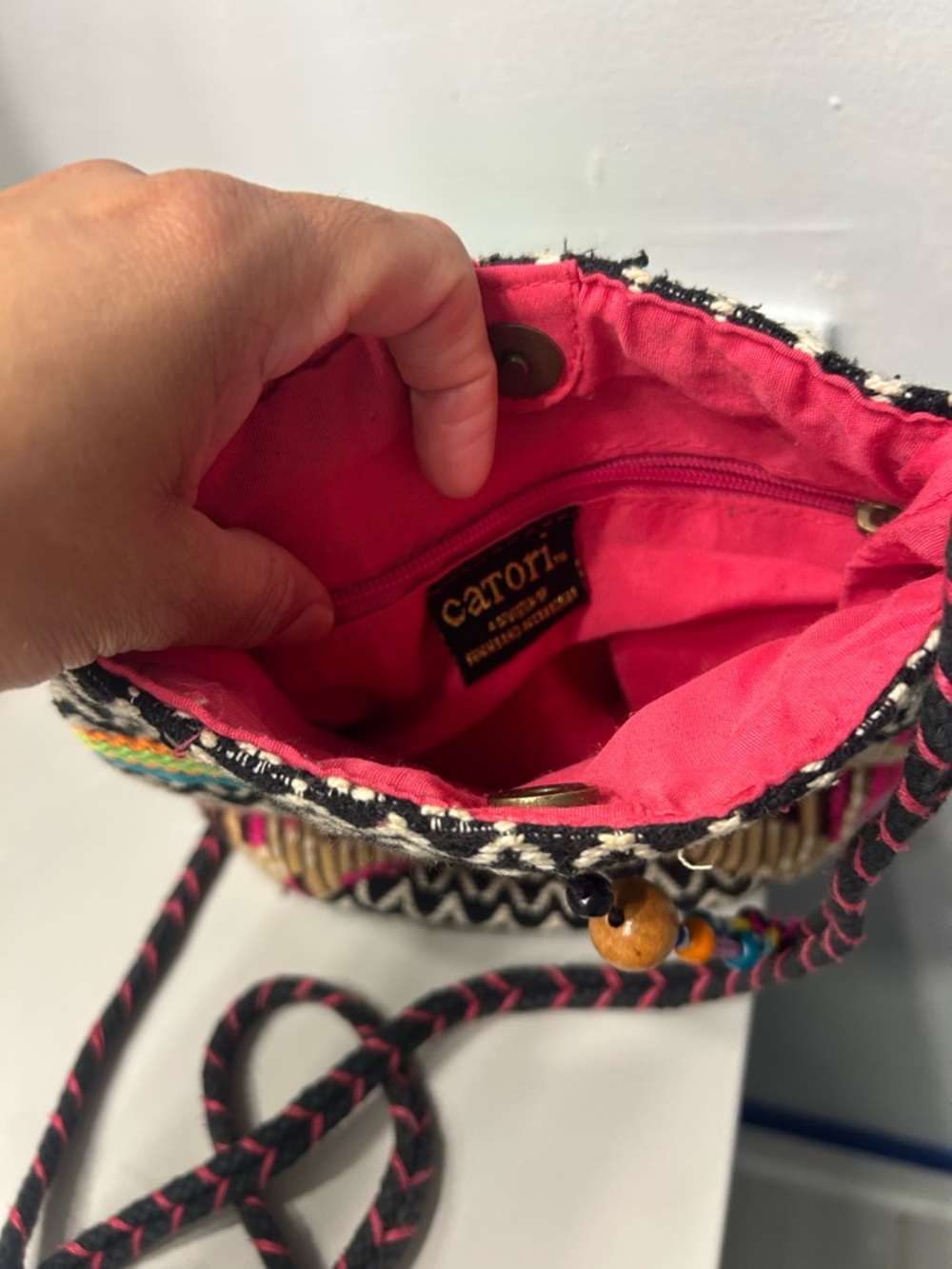 Carori Pink-Lined Woven Crossbody with Braided Strap and Bead Detail